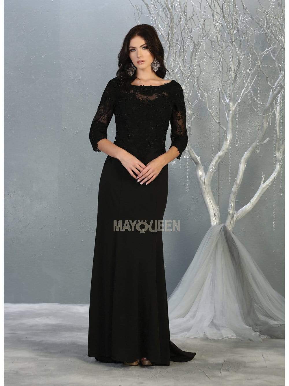 Image of May Queen - MQ1810 Sheer Quarter Sleeve Appliqued Trumpet Dress
