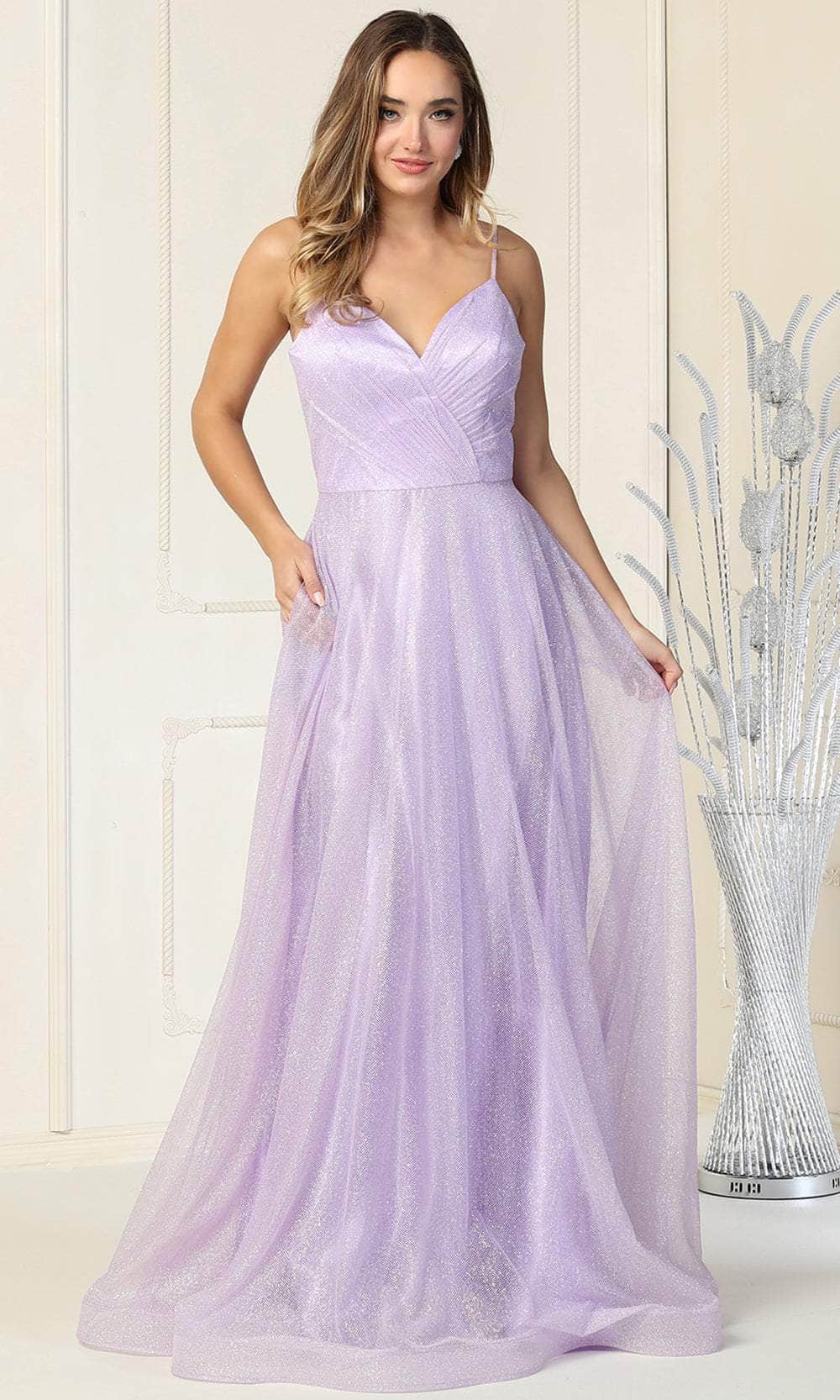 Image of May Queen MQ1838 - Sleeveless Glittered Tulle Surplice Evening Gown