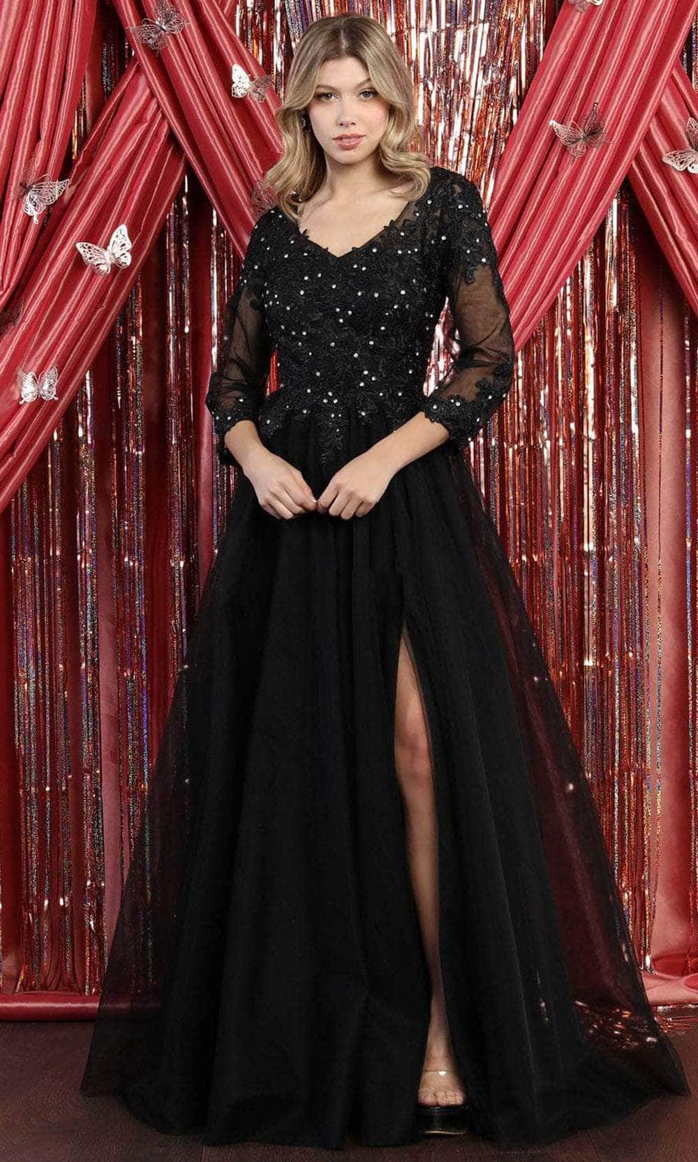 Image of May Queen MQ1880 - Embroidered V-Neck A-Line Formal Gown