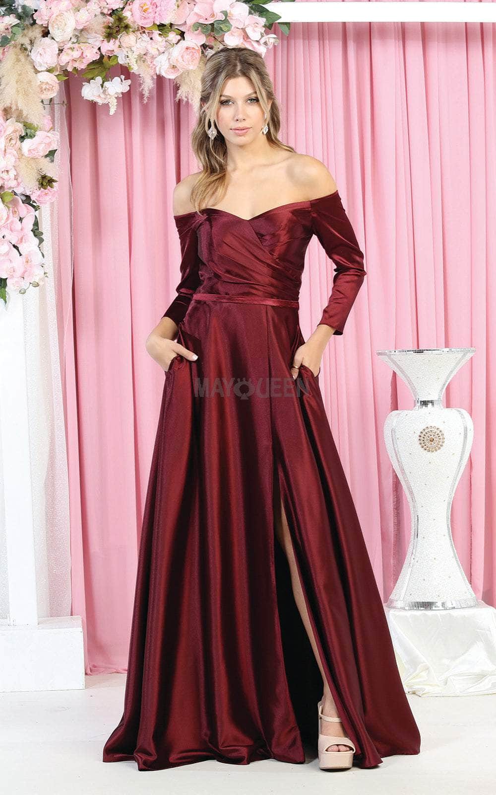 Image of May Queen MQ1930 - Off-Shoulder Satin Evening Dress