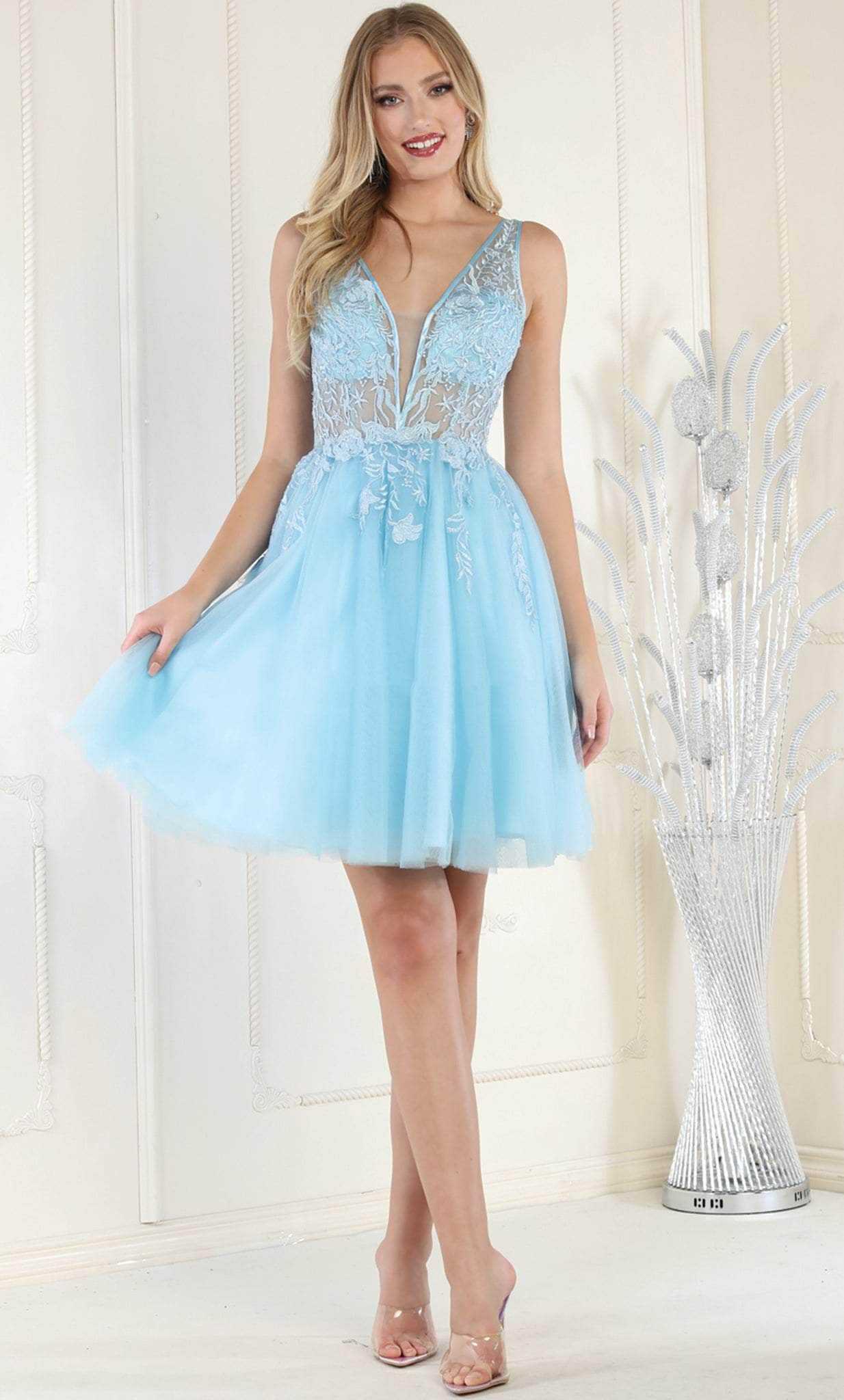 Image of May Queen MQ1949 - V-Neck Illusion Bodice Cocktail Dress