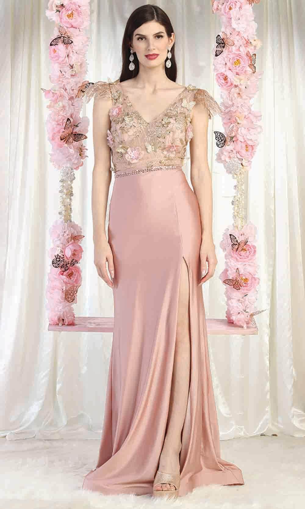 Image of May Queen MQ1981 - 3D Floral V Neck Slit Gown