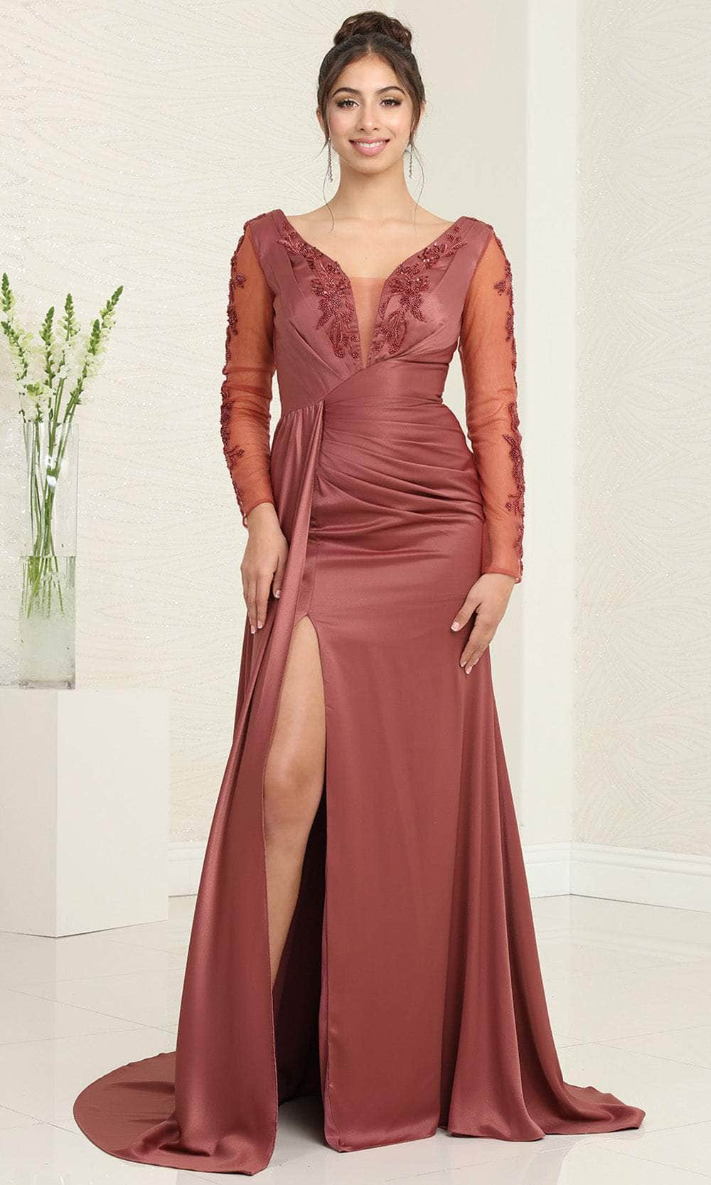 Image of May Queen MQ2008 - Long Sleeve Draped Evening Dress