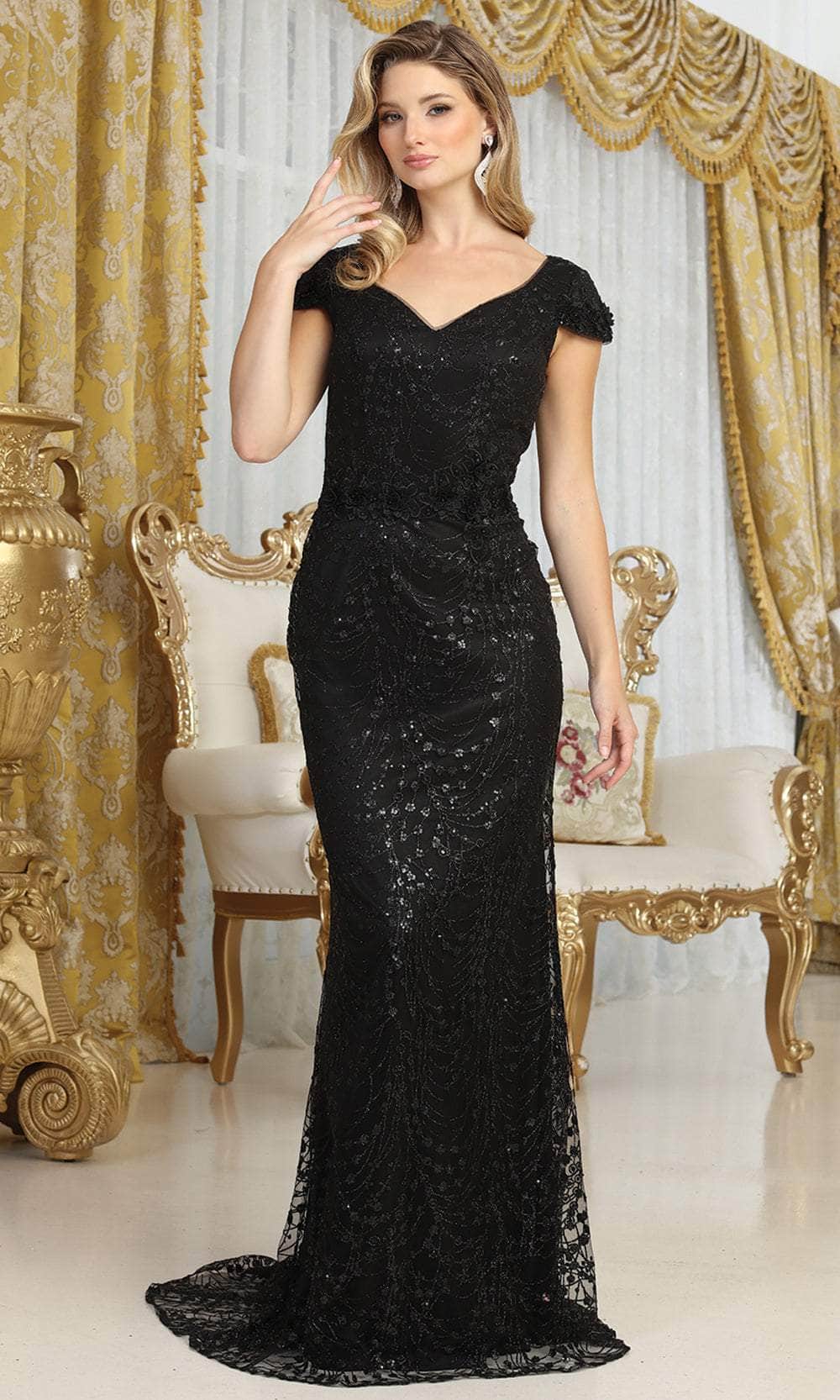 Image of May Queen MQ2062 - Cap Sleeve Glitter Evening Dress