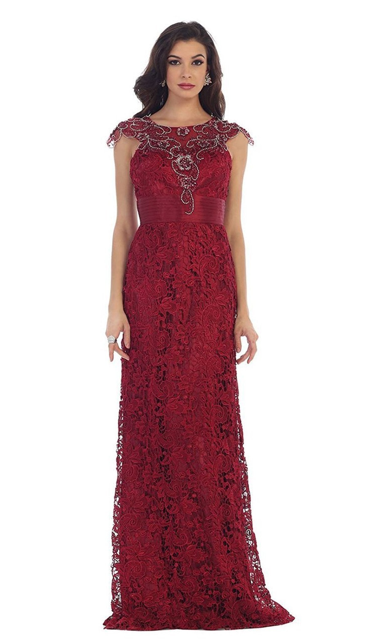 Image of May Queen - RQ7182 Rhinestone Lace Floral Evening Gown