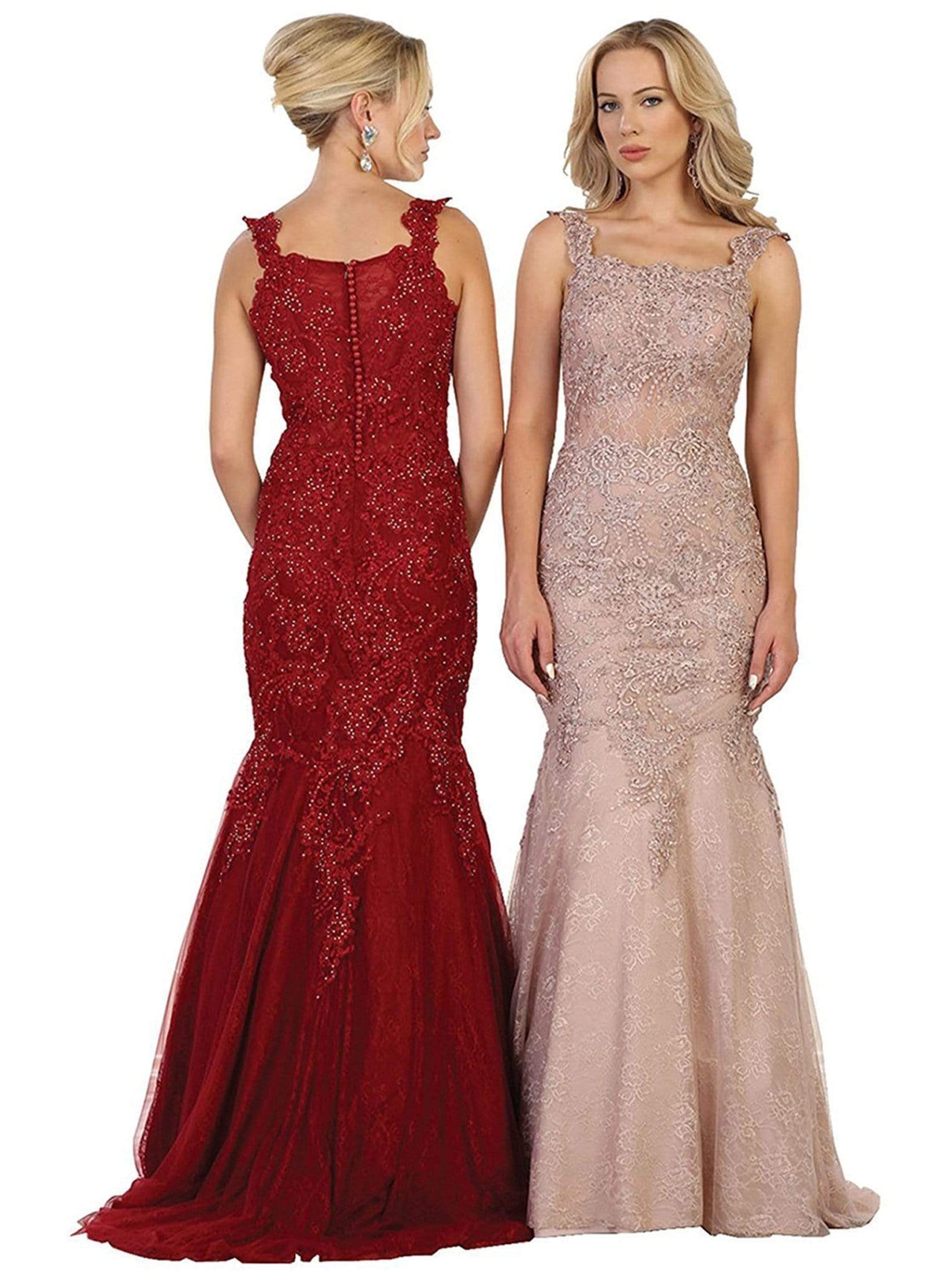 Image of May Queen - RQ7544 Beaded Lace Square Neck Trumpet Evening Dress