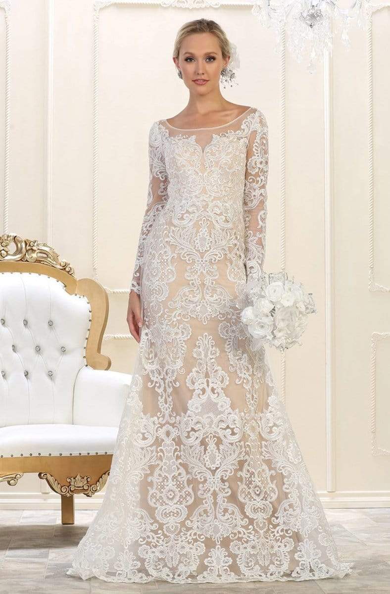 Image of May Queen - RQ7603 Embroidered Long Sleeve Bateau Trumpet Dress