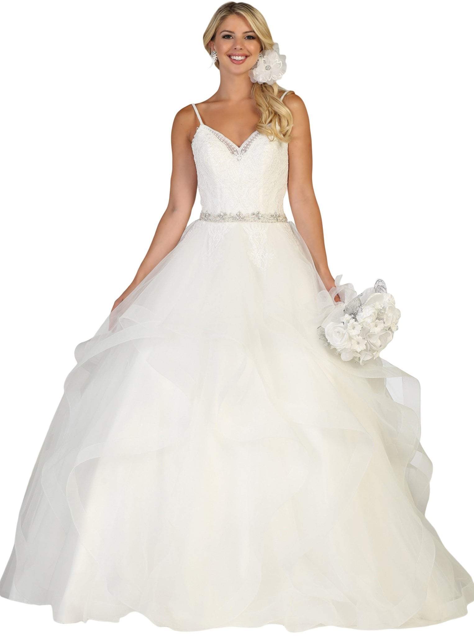 Image of May Queen - RQ7644 Lace Embellished V-neck Ruffled A-line Gown