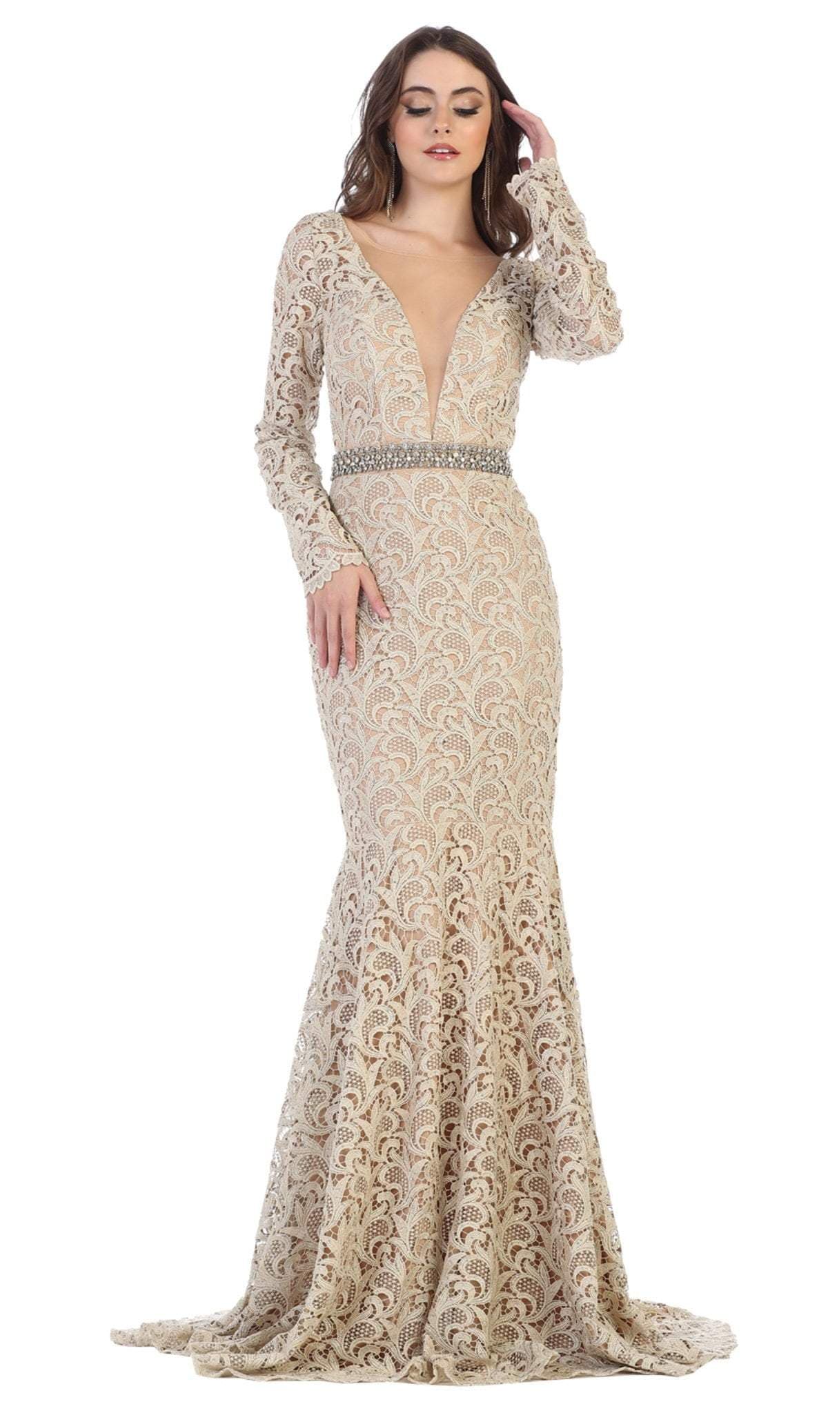 Image of May Queen - RQ7671 Lace Long Sleeve Trumpet Dress With Train