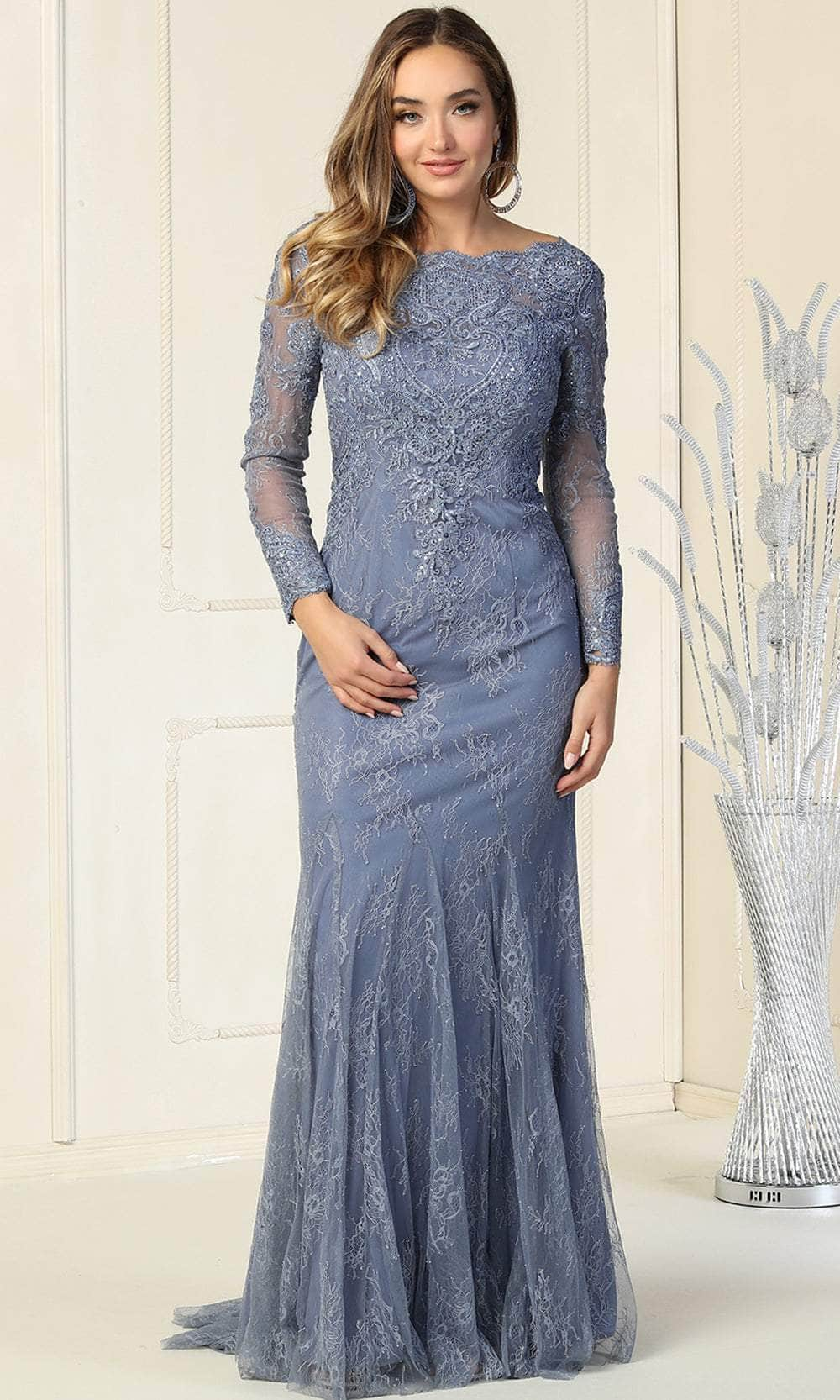 Image of May Queen RQ7906 - Laced Scalloped Bateau Neckline Evening Dress