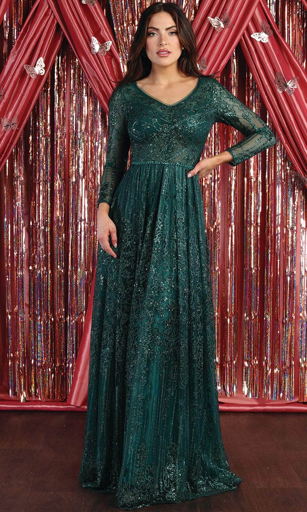 Image of May Queen RQ7920 - Ornated Sheer Bodice Long Sleeve A Line Dress