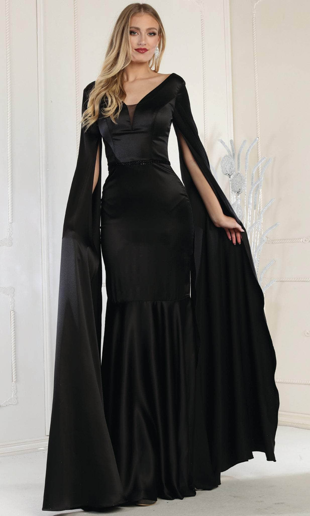 Image of May Queen RQ7961 - Cape Sleeves V Neck Sheath Dress