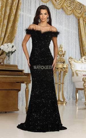 Image of May Queen RQ7992 - Feathered Off Shoulder Prom Gown