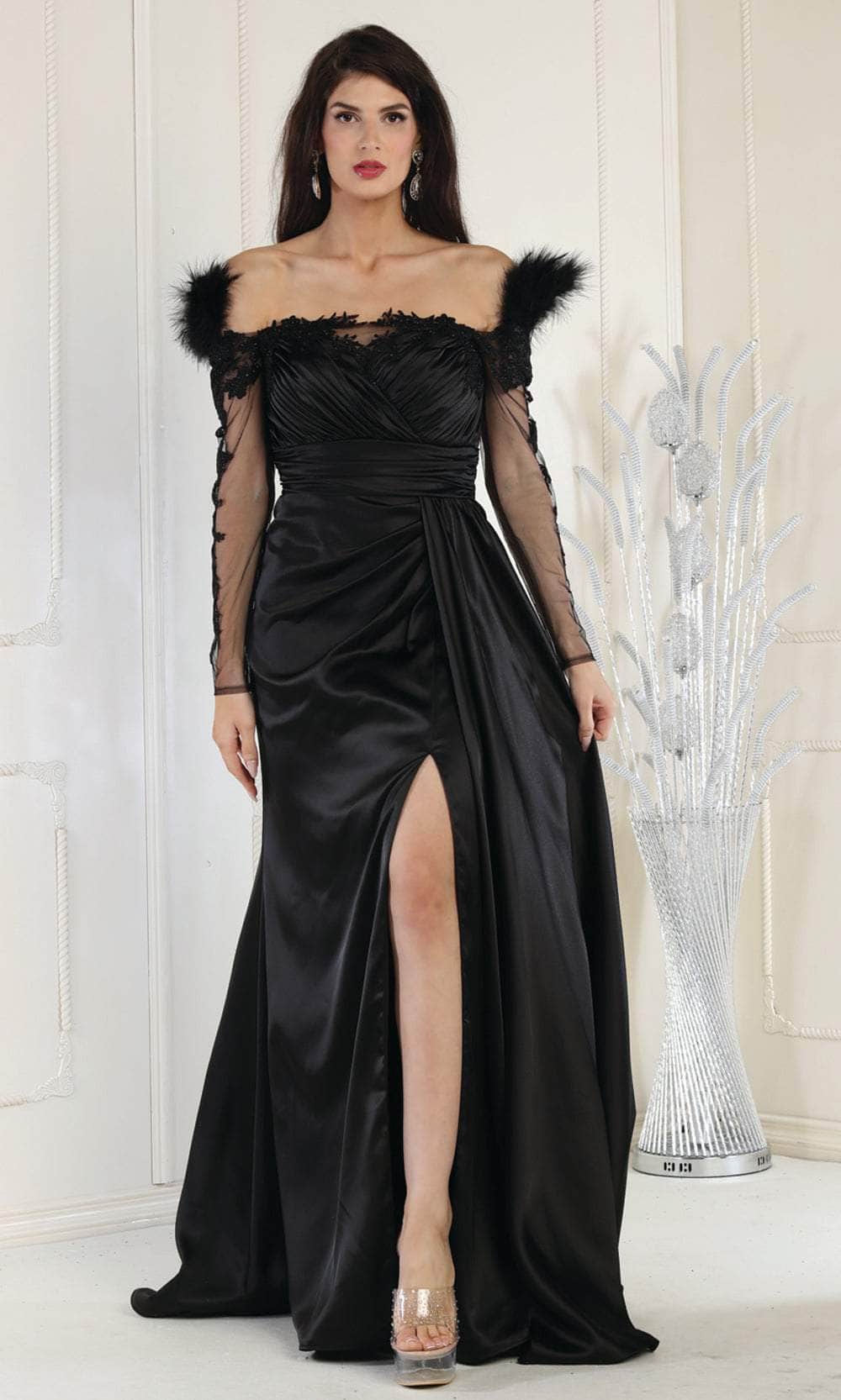 Image of May Queen RQ8002 - Off-Shoulder Feather Detail Evening Dress