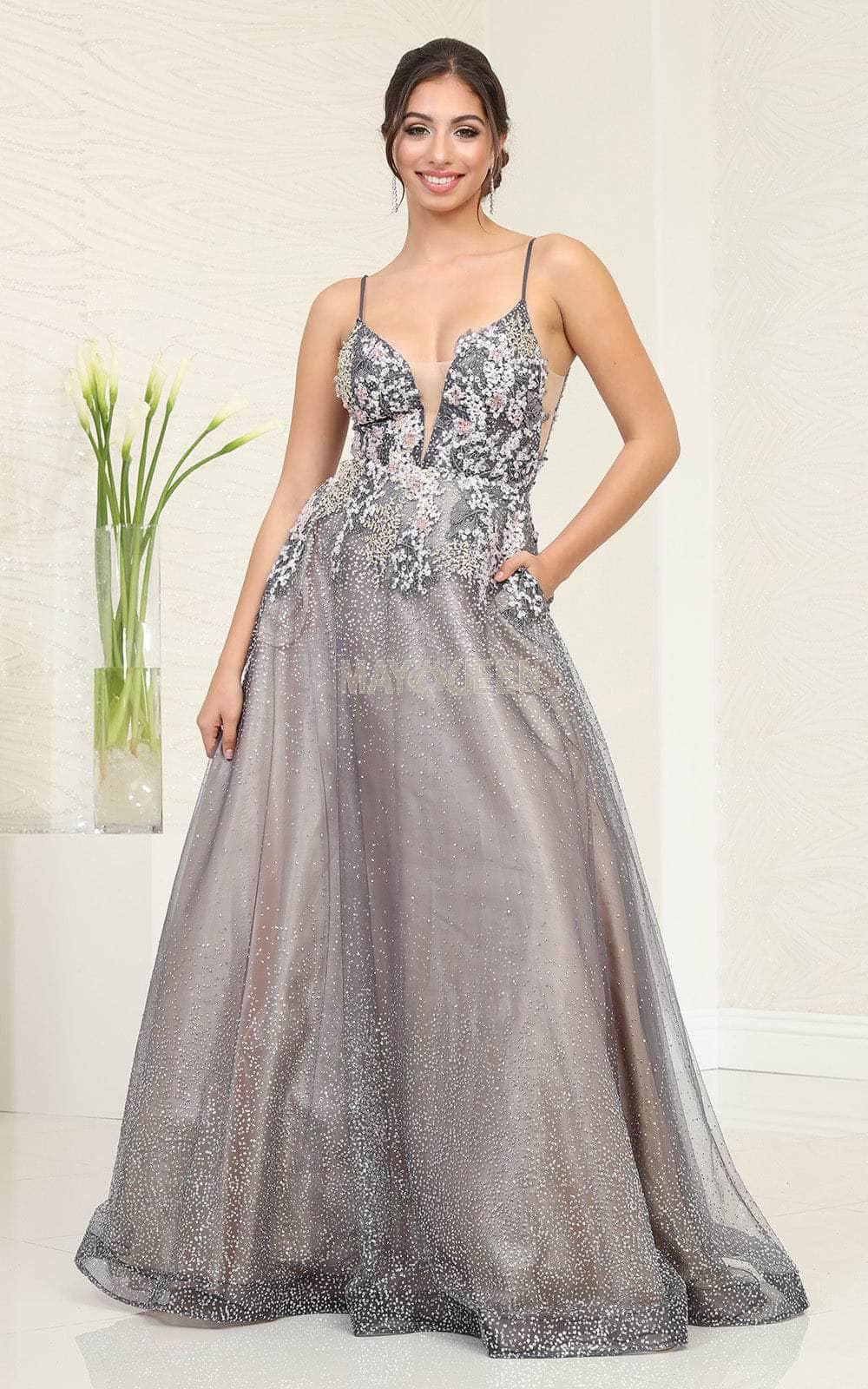 Image of May Queen RQ8035 - Embellished Plunging V-Neck Prom Gown