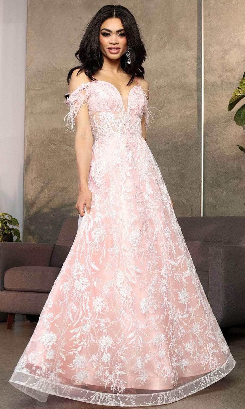 Image of May Queen RQ8070 - Feathered Sleeve Embroidered Prom Gown