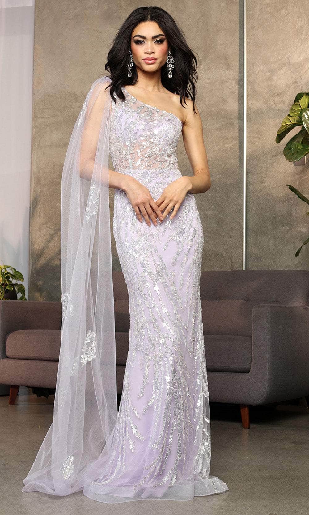 Image of May Queen RQ8075 - Asymmetric Beaded Prom Gown with Cape