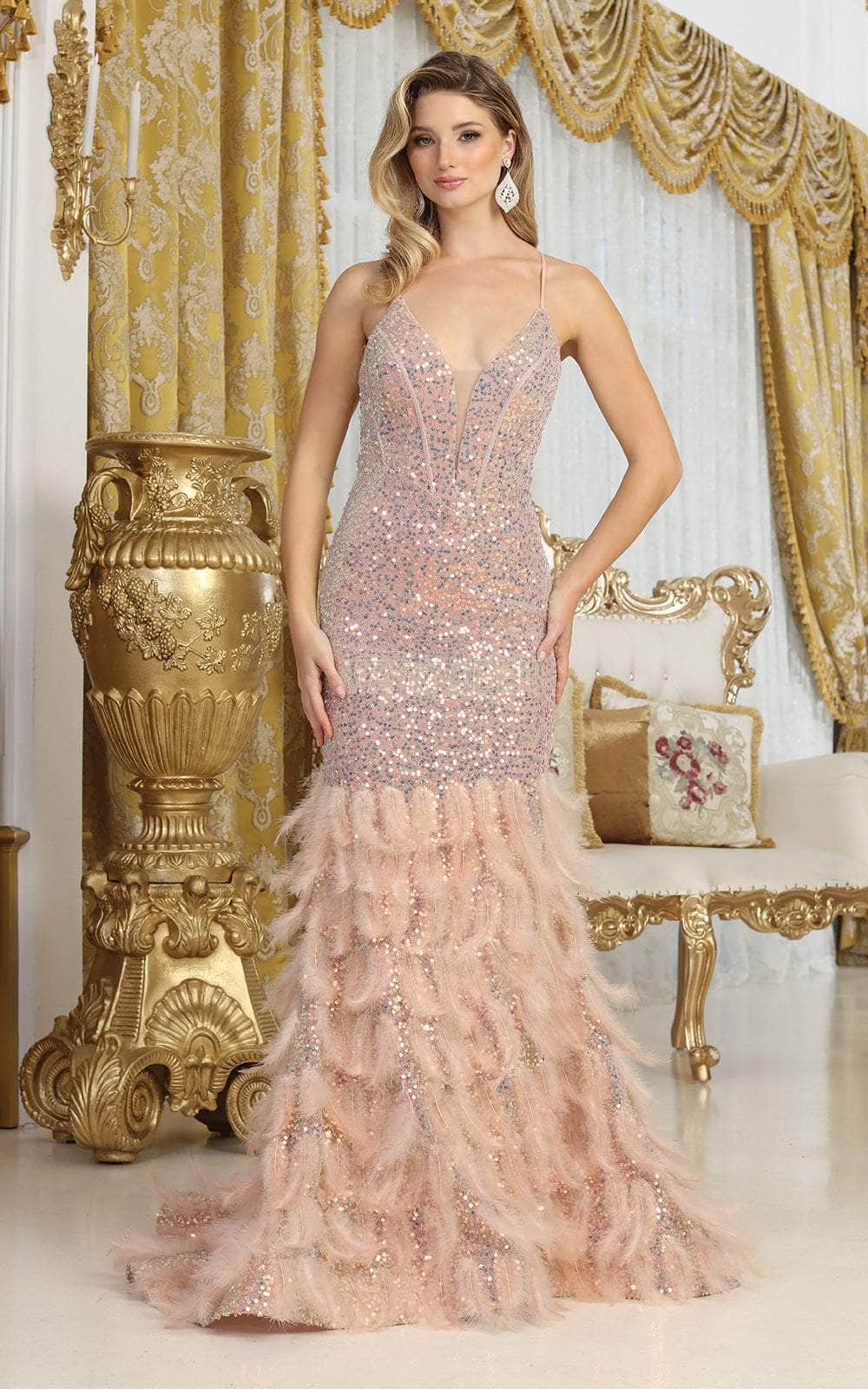 Image of May Queen RQ8076 - V-Neck Iridescent Sequin Prom Gown