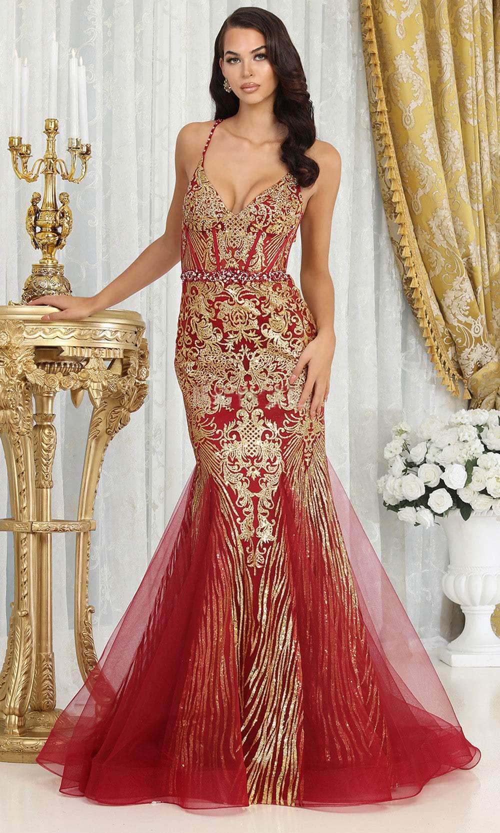 Image of May Queen RQ8079 - V-Neck Sexy Strappy Back Prom Gown