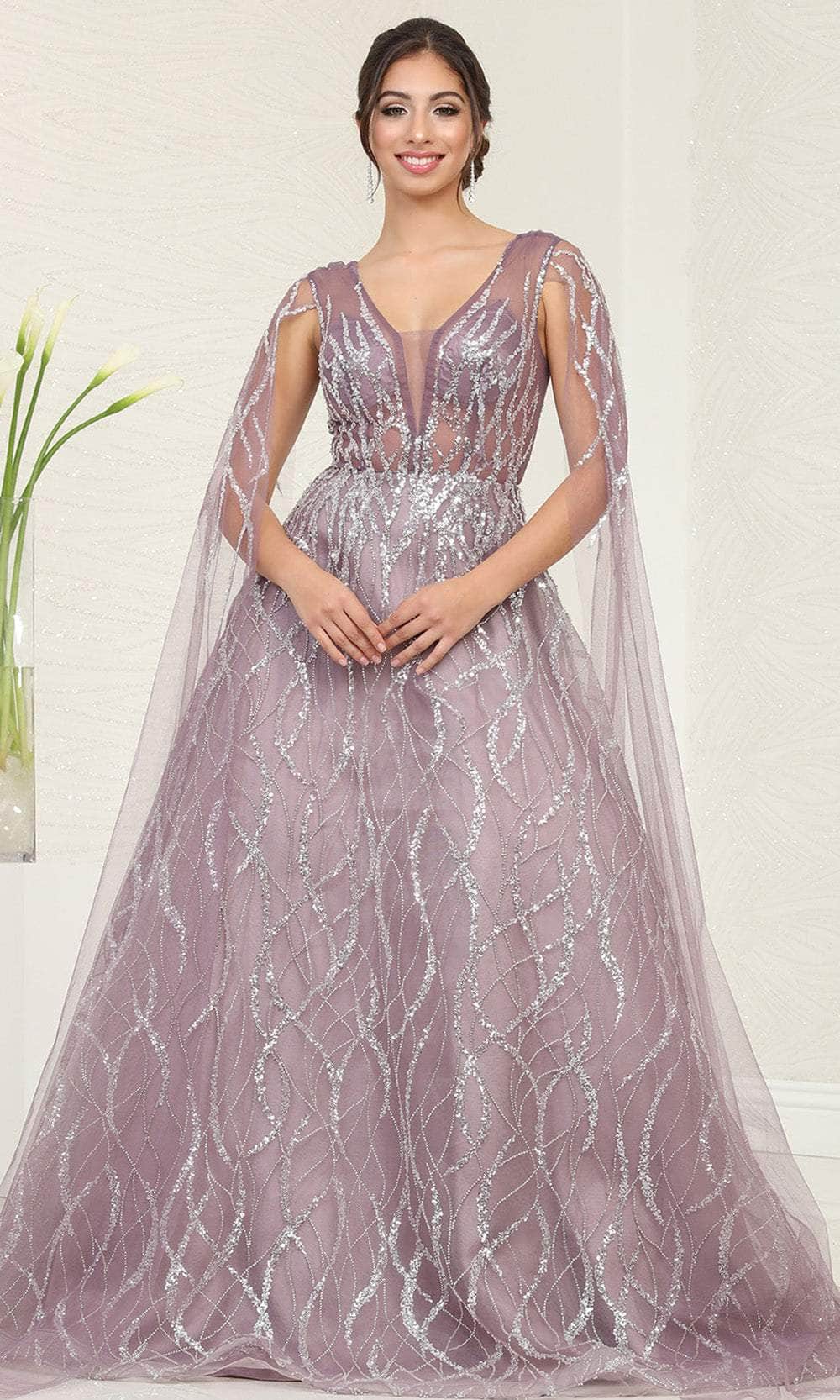 Image of May Queen RQ8082 - Cape Sleeve Beaded Prom Gown