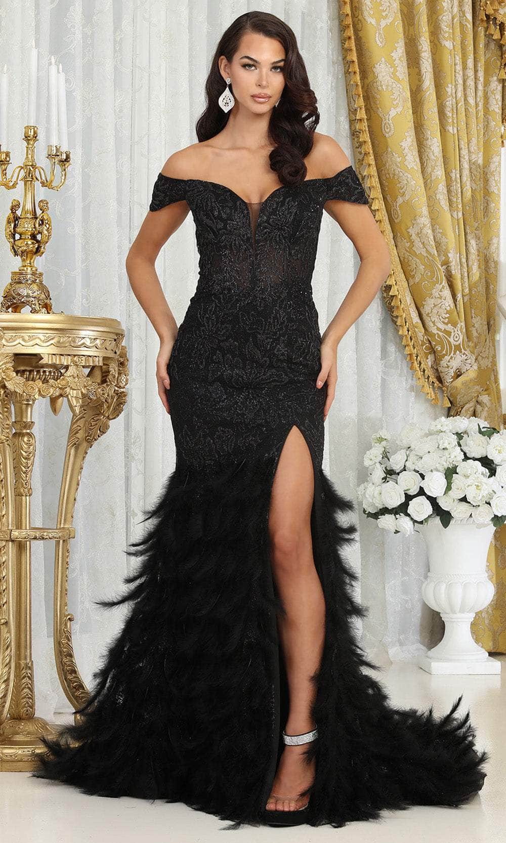 Image of May Queen RQ8093 - Off Shoulder Feather Skirt Prom Gown