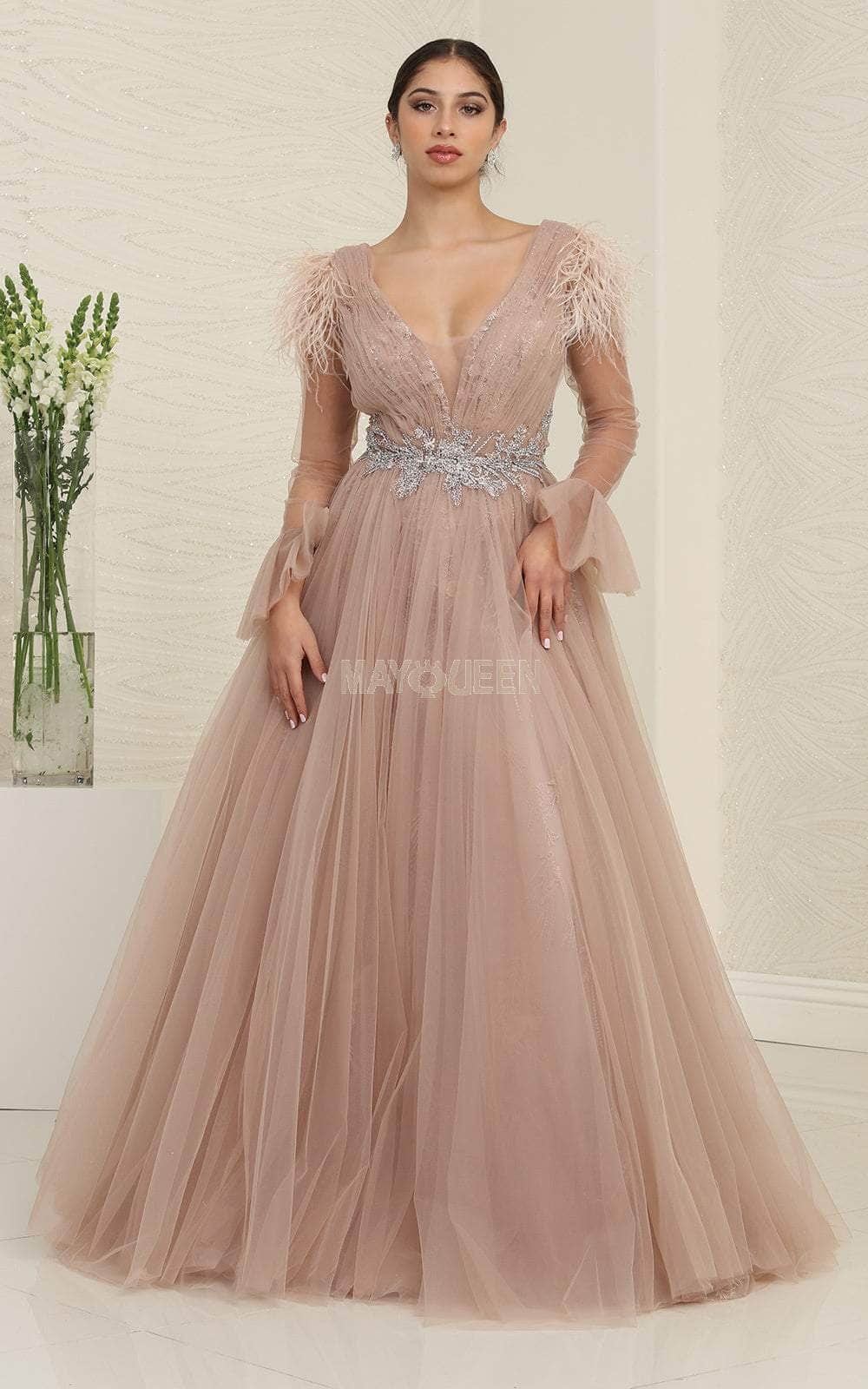 Image of May Queen RQ8096 - Feathered Tulle Evening Dress