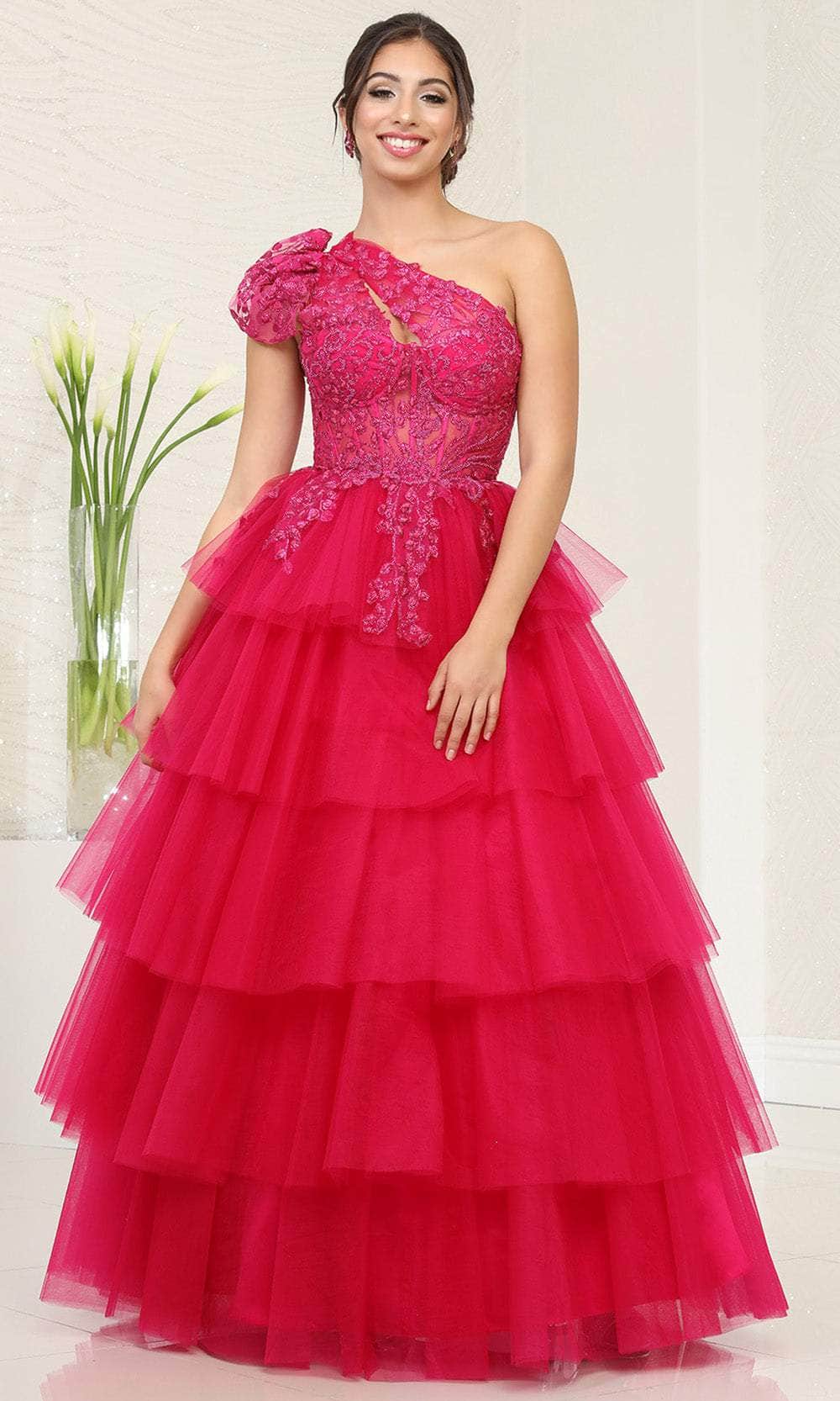 Image of May Queen RQ8119 - Asymmetric Beaded Appliqued Ballgown