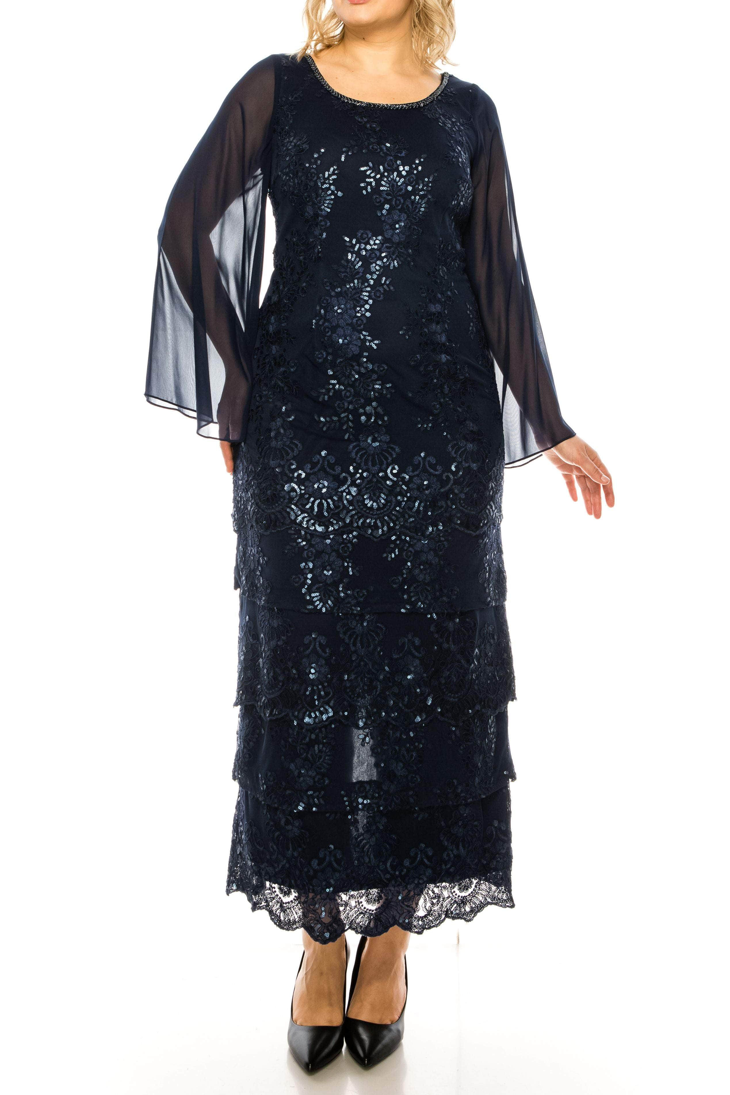 Image of Maya Brooke 28407MV - Floral Sequined Sheer Long Sleeved Tiered Dress