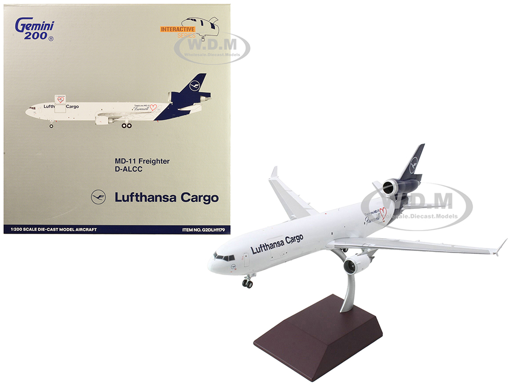 Image of McDonnell Douglas MD-11F Commercial Aircraft "Lufthansa Cargo" White with Blue Tail "Gemini 200 - Interactive" Series 1/200 Diecast Model Airplane by