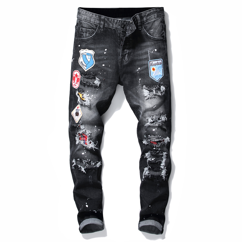 Image of Men Badge Rips Stretch Black Jeans Men&#039s Fashion Slim Fit Washed Motocycle Denim Pants Panelled Hip HOP Trousers 10200