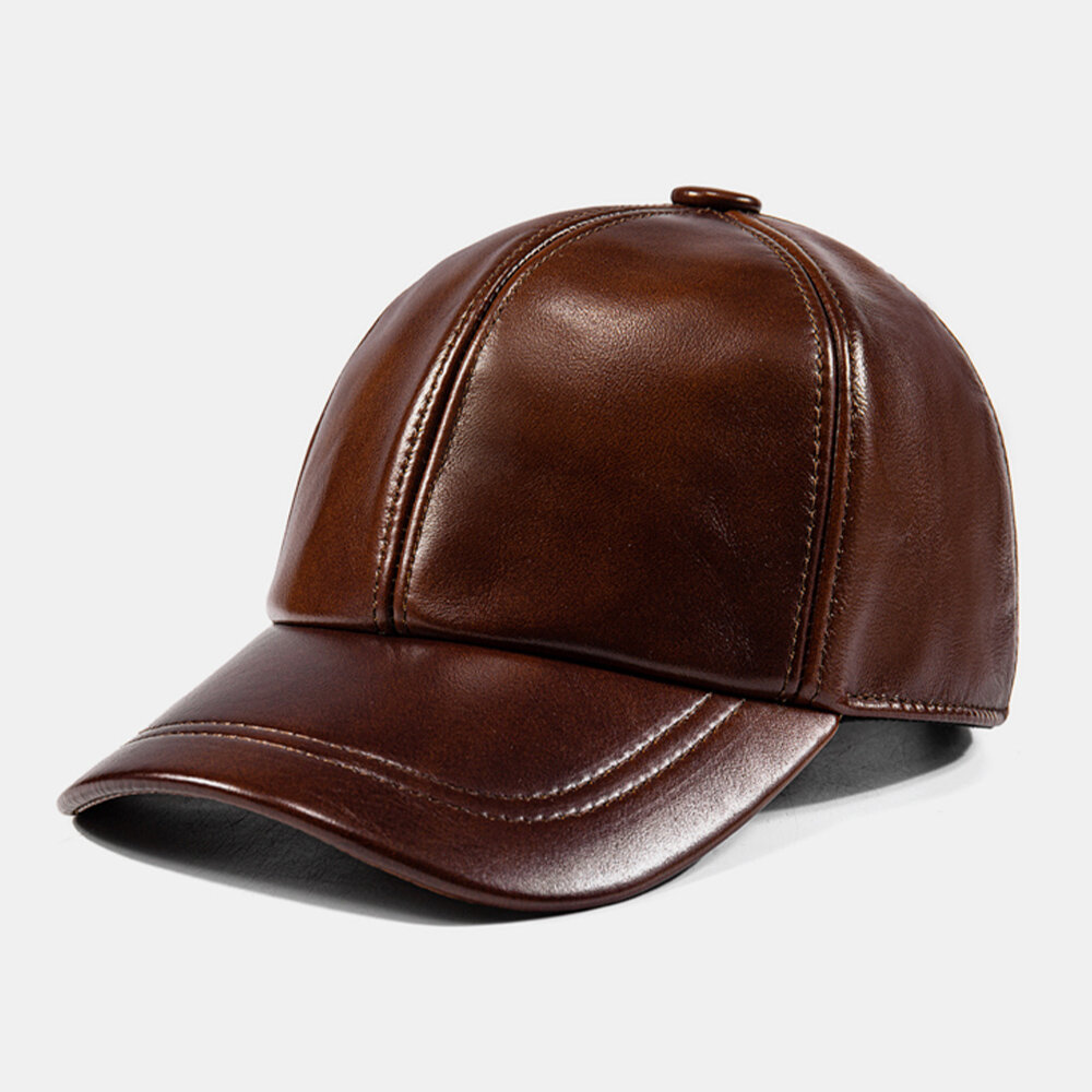 Image of Men Baseball Cap Cowhide Plain Autumn Winter Warm Cold Protection Driving Hat