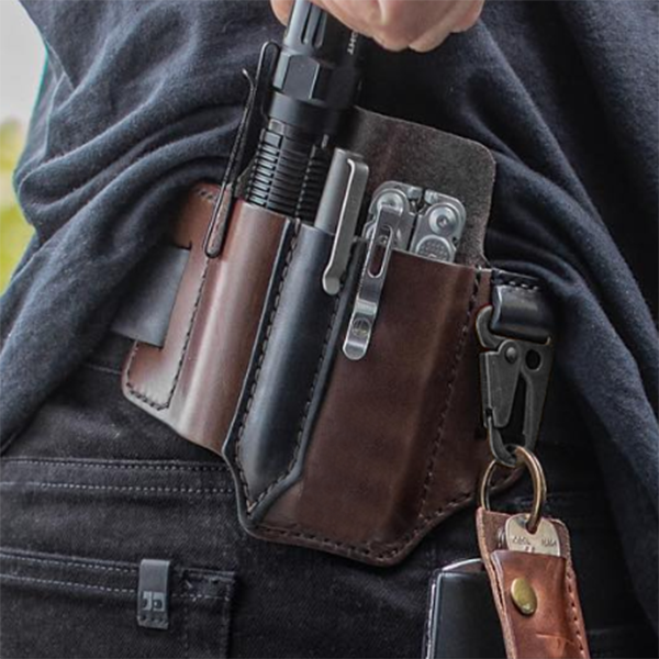 Image of Men EDC Genuine Leather Multitool Flashlight Key Pen Organizer Gear Waist Belt Bag