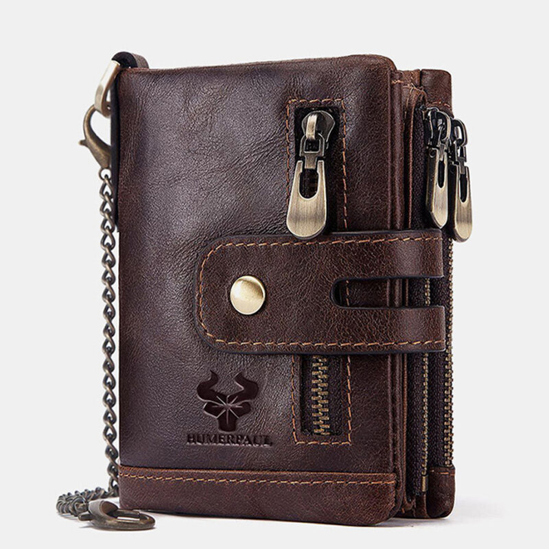 Image of Men Genuine Leather RFID Anti-scanning Anti-Theft Zipper Wallet With Chain