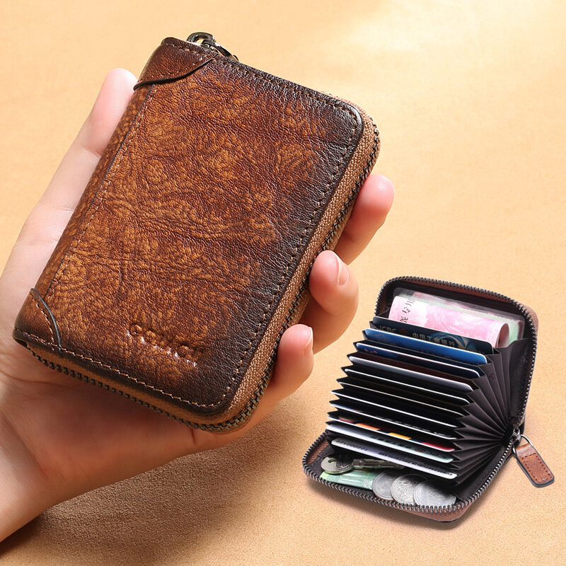 Image of Men Genuine Leather RFID Anti-theft Multi-slot Retro Large Capacity Foldable Card Holder Wallet