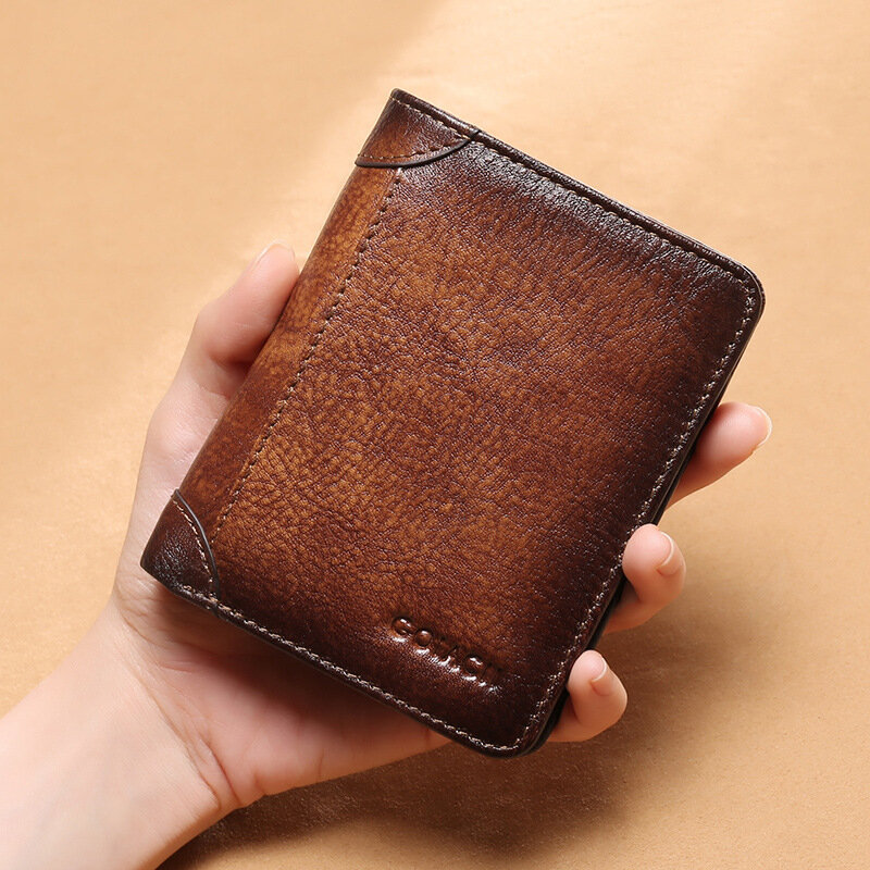 Image of Men Genuine Leather RFID Anti-theft Multifunction Retro Large Capacity Foldable Card Holder Wallet