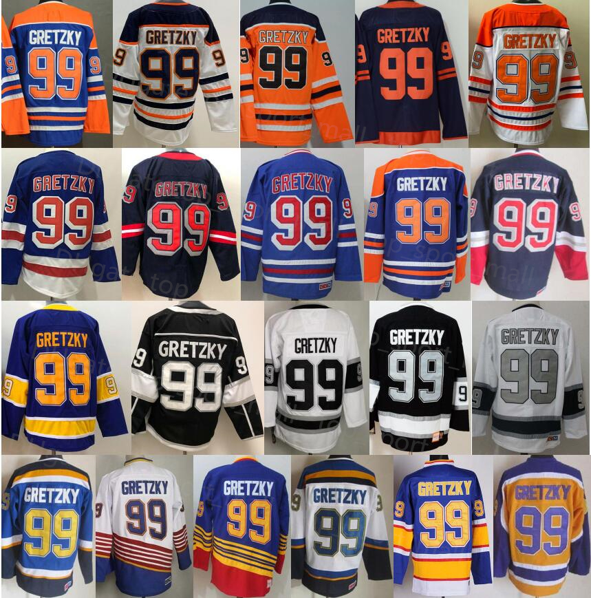 Image of Men Ice Hockey 99 Wayne Gretzky Jersey Reverse Retro Retire Blue White Black Orange 1979 1988 1996 CCM Vintage Sport Jerseys Uniform Stitche