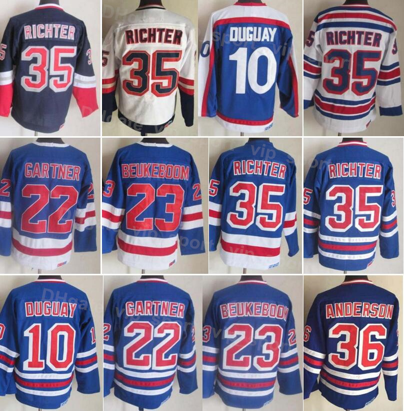 Image of Men Ice Hockey Vintage Retro 10 Ron Duguay Jersey 22 Mike Gartner 23 Jeff Beukeboom 36 Glenn Anderson 35 Mike Richter 75th Anniversary Blue