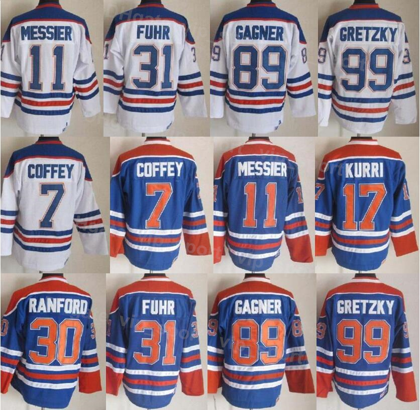 Image of Men Ice Hockey Vintage Retro 11 Mark Messier Jersey 30 Bill Ranford 7 Paul Coffey 89 Sam Gagner 17 Jari Kurri 31 Grant Fuhr 99 Wayne Gretzky
