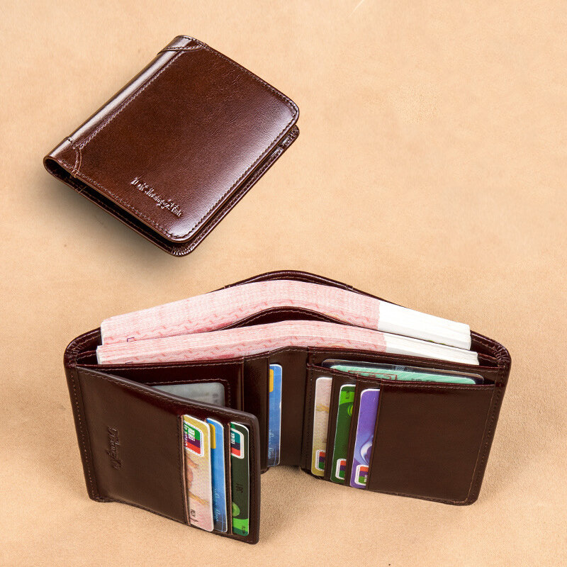 Image of Men RFID Blocking Secure Wallet Fashion Vintage Purses Genuine Leather Tri-fold Wallet Short Wallet