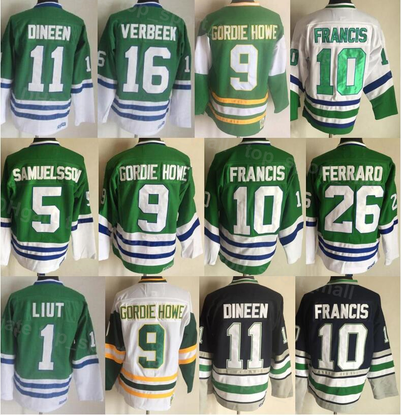 Image of Men Vintage Retro Ice Hockey 10 Ron Francis Jersey 1 Mike Liut 5 Ulf Samuelsson 9 Gordie Howe 11 Kevin Dineen 16 Patrick Verbeek 26 Ray Ferr