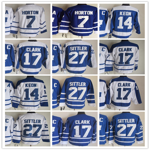 Image of Men Vintage Toronto Hockey CCM Retro Jerseys 17 Wendel Clark 27 Darryl Sittler 14 Dave Keon 7 Tim Horton 1 Johnny Bower Stitched Blue White Alternate