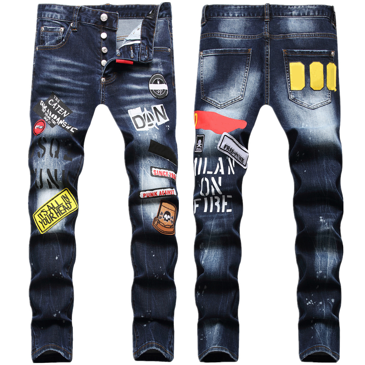 Image of Mens Jeans men jean Hip hop pants street trend Zipper chain decoration ripped Rips Stretch Black Fashion Slim Fit Washed Motocycle Denim Pan