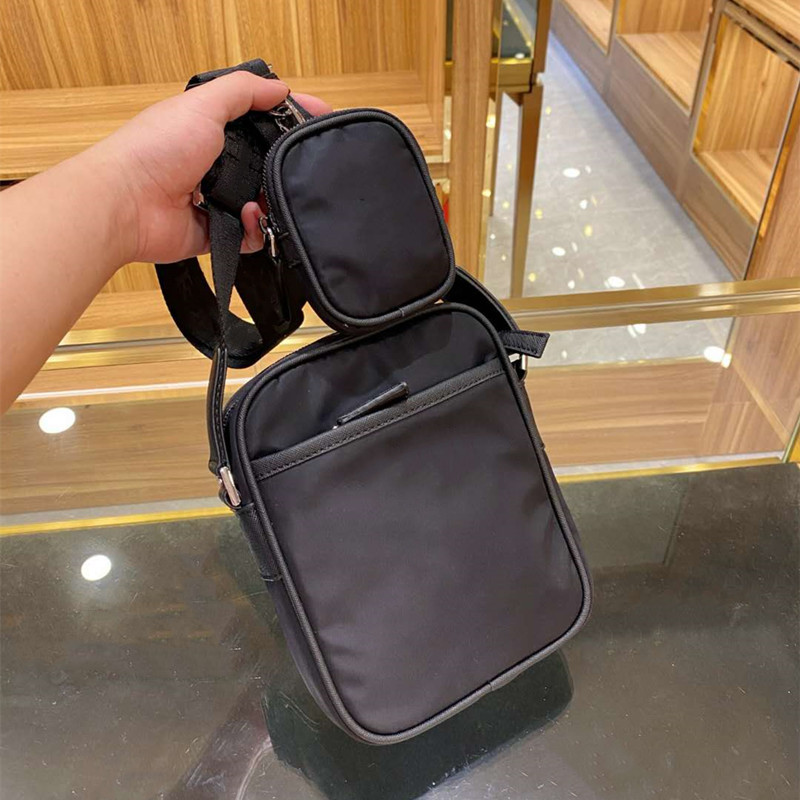 Image of Mens Mini Crossbody Phone Bags Nylon Cross Body Designer Shoulder Bags Soild Black with Hang Pouch Fashion 2 PIECE