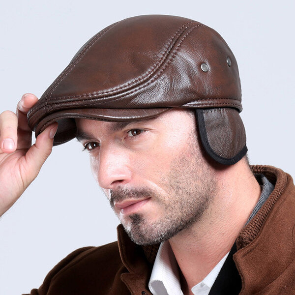 Image of Mens Vintage Genuine Cowhide Beret Caps Earflaps Windproof Duckbill Warm Black Brown Hats