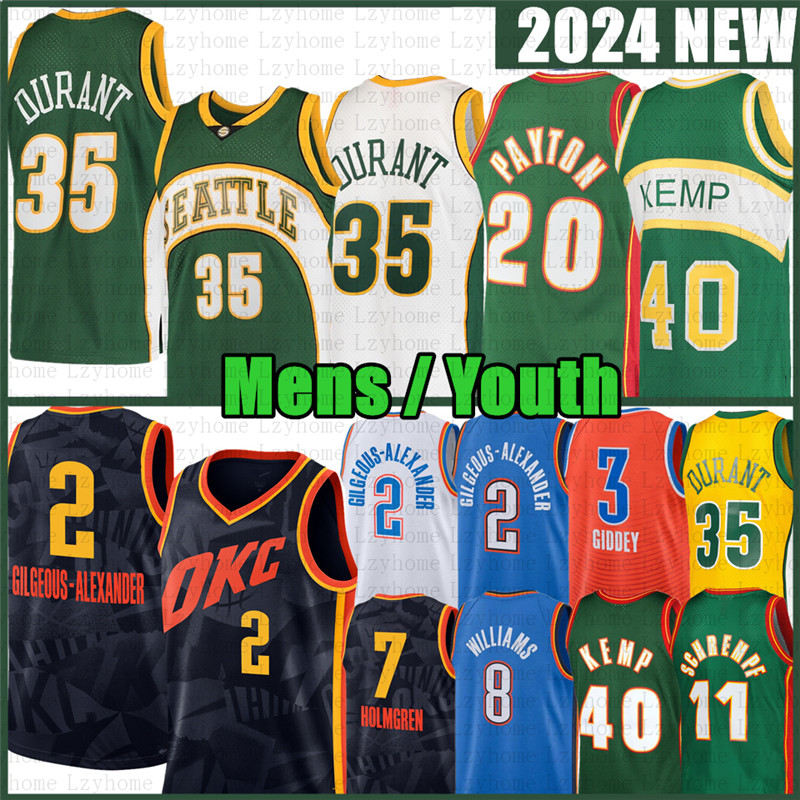 Image of Mens Youth Shai Gilgeous-Alexander 35 Kevin Durant Basketball Jerseys 20 Gary Payton Seattles Shawn Kemp Ray Allen SuperSonic Chet Holmgren
