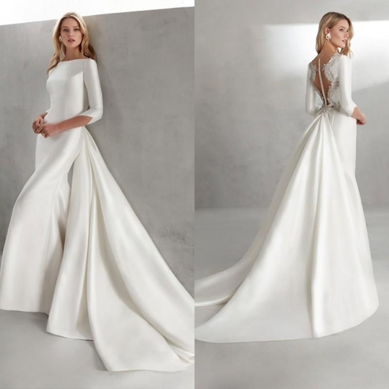 Image of Mermaid Wedding Dress With Train Bateau Neck Long Sleeves Satin Bridal Gowns Covered Button Back Princess Dresses