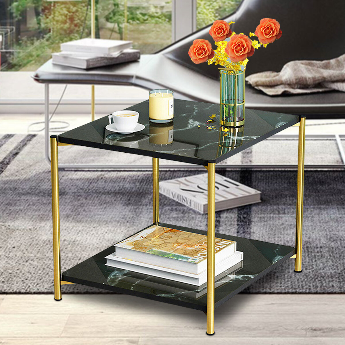 Image of Metal Bedside Coffee Table Nordic Marble Glass Square End Side Table Desk Home Sofa Tables Living Room Light Luxury Side
