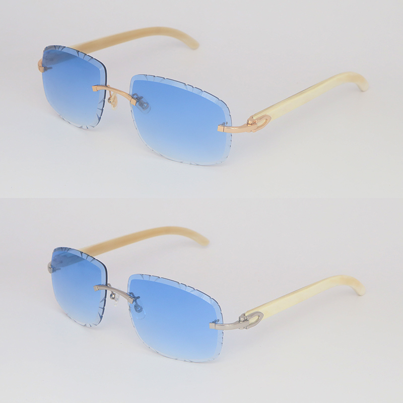 Image of Metal Rimless Carved lens luxury Sunglasses for women Unisex Square T8200762 White Genuine Buffalo Horn Sun Glasses male and female 18K Gold