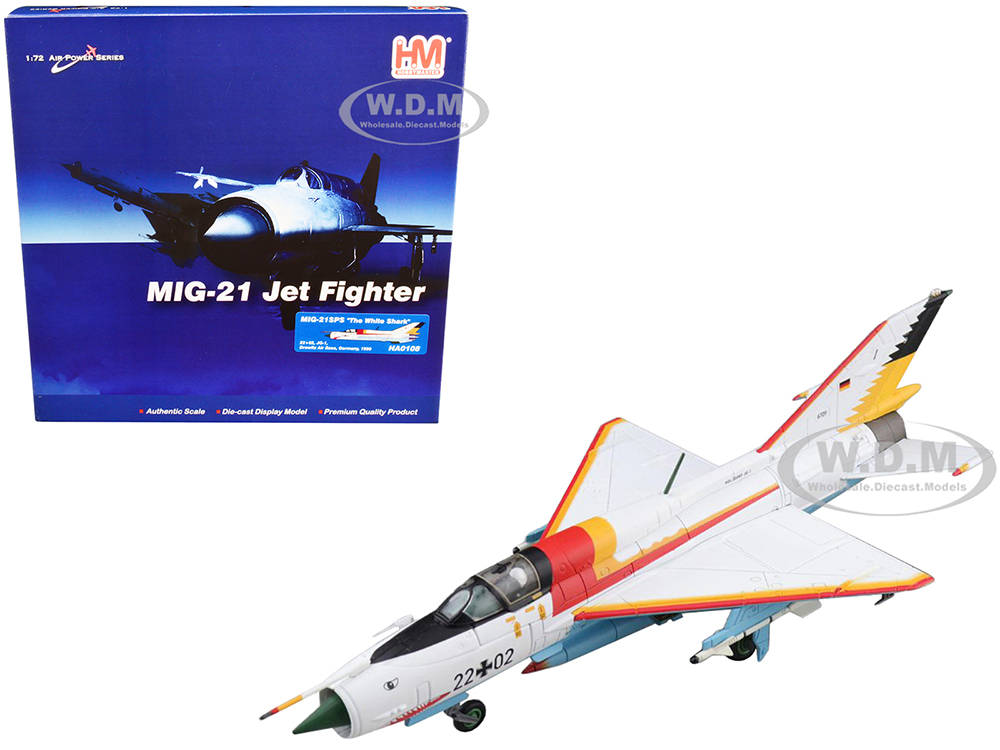 Image of Mikoyan-Gurevich MIG-21SPS "The White Shark" Fighter Aircraft "2202 JG-1 Drewitz Air Base Germany" (1990) "Air Power Series" 1/72 Diecast Model by Ho