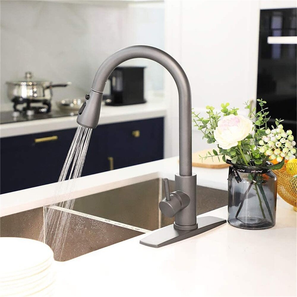 Image of Modern Kitchen Stainless Steel Sink Pull Out Faucet Sprayer One-Button Water Stop Spring Mixer Tap
